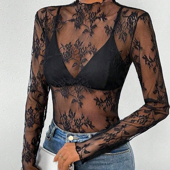 Black Sexy Women's Floral Lace Collar Long Sleeve Sheer Blouse - Picture 4 of 6